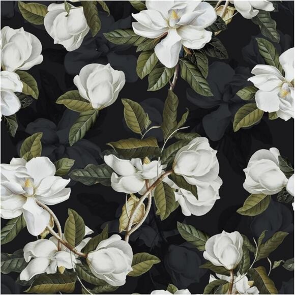 HAOKHOME Peel and Stick Gardenia Floral Wallpaper Removable Black/White/Green